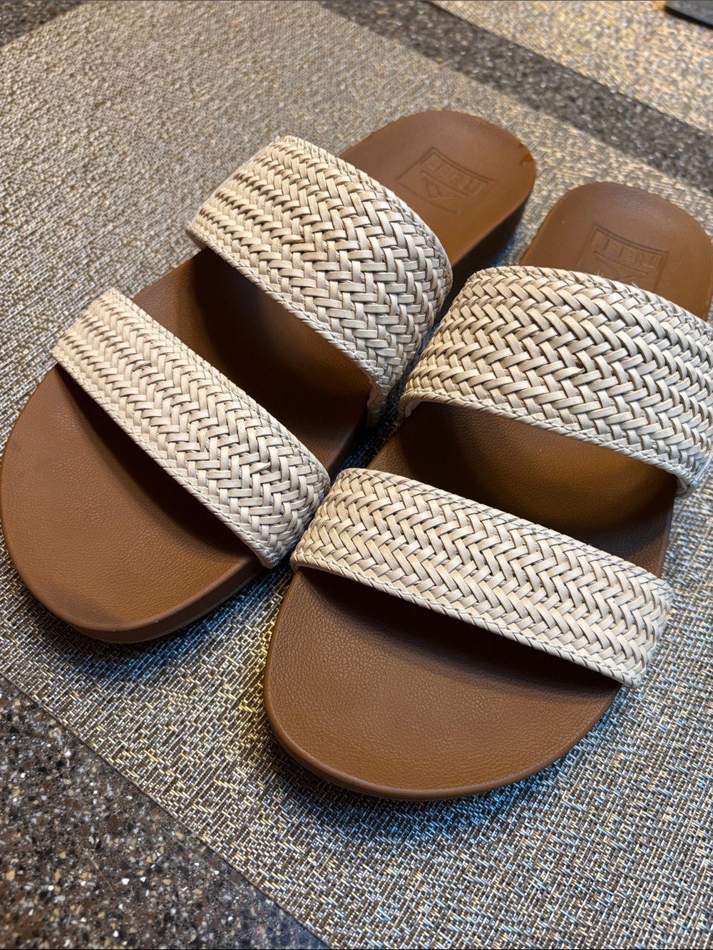 Reef Two-Strap Woven Slides in Cream and Brown